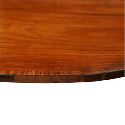 Regency figured mahogany breakfast table, figured rectangular tilt-top with rounded corners and rosewood banding, on turned column with four out-splayed supports with brass cups and castors 