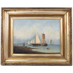 English School (19th Century): Family Waiting on the Jersey Sands, oil on board faintly signed l.r, the floating barrel inscribed 'Jersey', 25cm x 35cm 