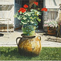 Peter Evans (British 1943-): 'Chez Sophie' - Still Life of Flowers, acrylic on board signe...