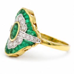 18ct gold emerald and diamond dress ring, single oval cut emerald, with single cut diamond and calibre cut emerald surround, total diamond weight approx 0.35 carat, total emerald weight approx 0.65 carat