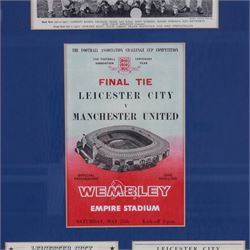 F.A. Cup Final Wembley 1963 Leicester City V Manchester United match programme, displayed in a wooden glazed frame with a black and white photograph of the 1962-63 Leicester City team and the team line up and player profiles pages from the programme, frame H73cm

Notes: The 1963 F.A. Cup final was played on 25 May 1963 at Wembley 'Empire' Stadium. The final was won by Manchester United 3-1. 