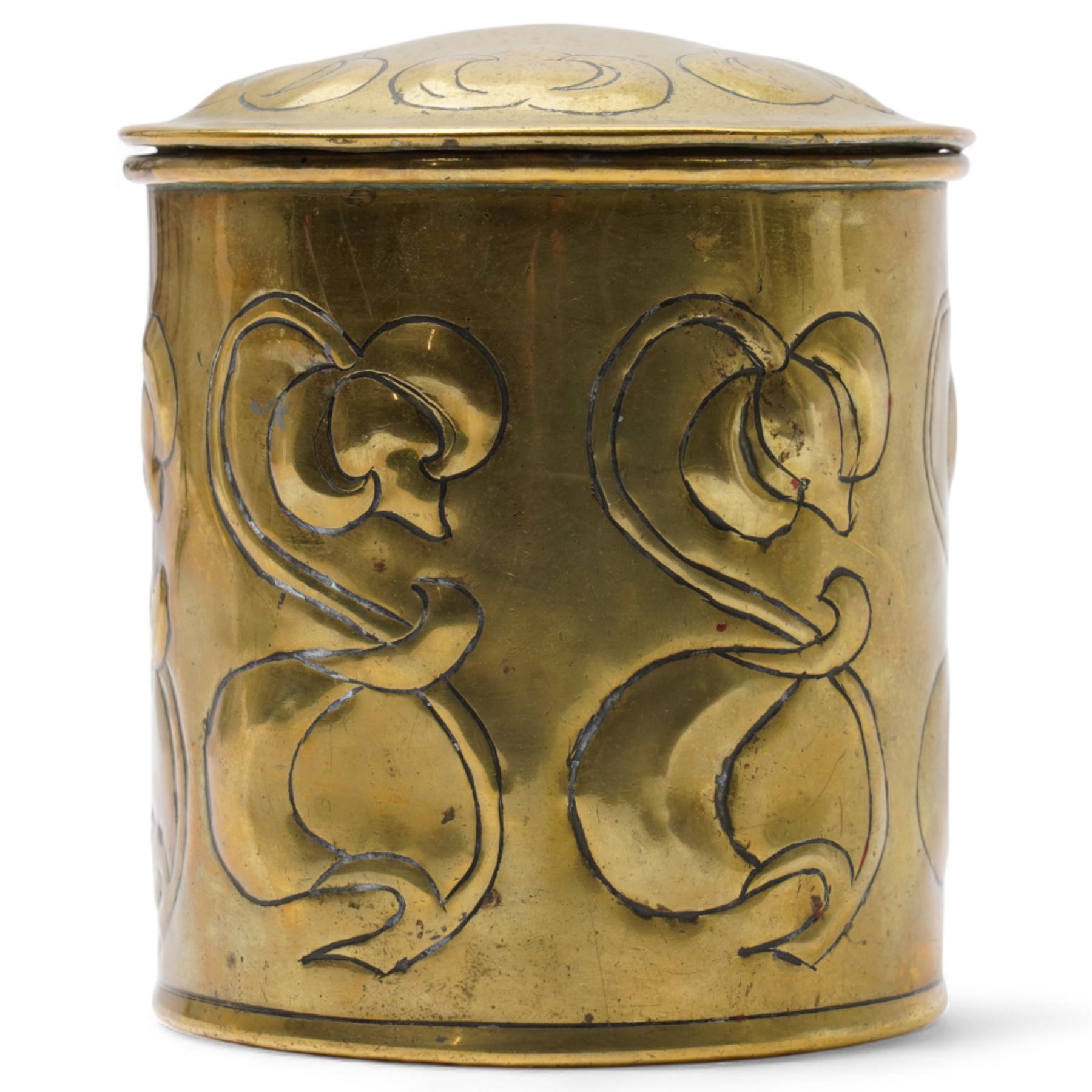 Brass Art Nouveau period biscuit barrel, with repeating floral decoration, H12cm