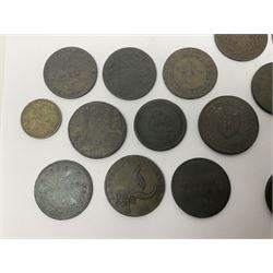 Thirty six late 18th century onwards tokens to include Georgian love token engraved ‘Betty Barlow’ to reverse of 1788 Anglesey Mines halfpenny, 1792 Coventry halfpenny, 1792 North Wales halfpenny, 1795 Duke of York halfpenny etc 