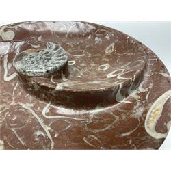 Large circular dish with a raised Goniatite to the centre and Orthoceras inclusion, age: Devonian period, location: Morocco, D30cm