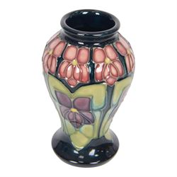 Moorcroft two miniature vases, in violets pattern, with original boxes, H11cm 