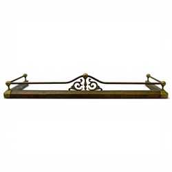 Three 20th century brass fenders, two with pierced Art & Crafts design rails, largest W156cm, D 45cm 