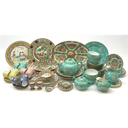 A Chinese tea set, comprising seven tea cups, eight saucers, eight side plates, sandwich plate, teapot, milk jug, cream jug, and sucrier and cover, together with twelve coffee cans and saucers, each with foliate decoration, plus a selection of modern famile rose wares, etc. 