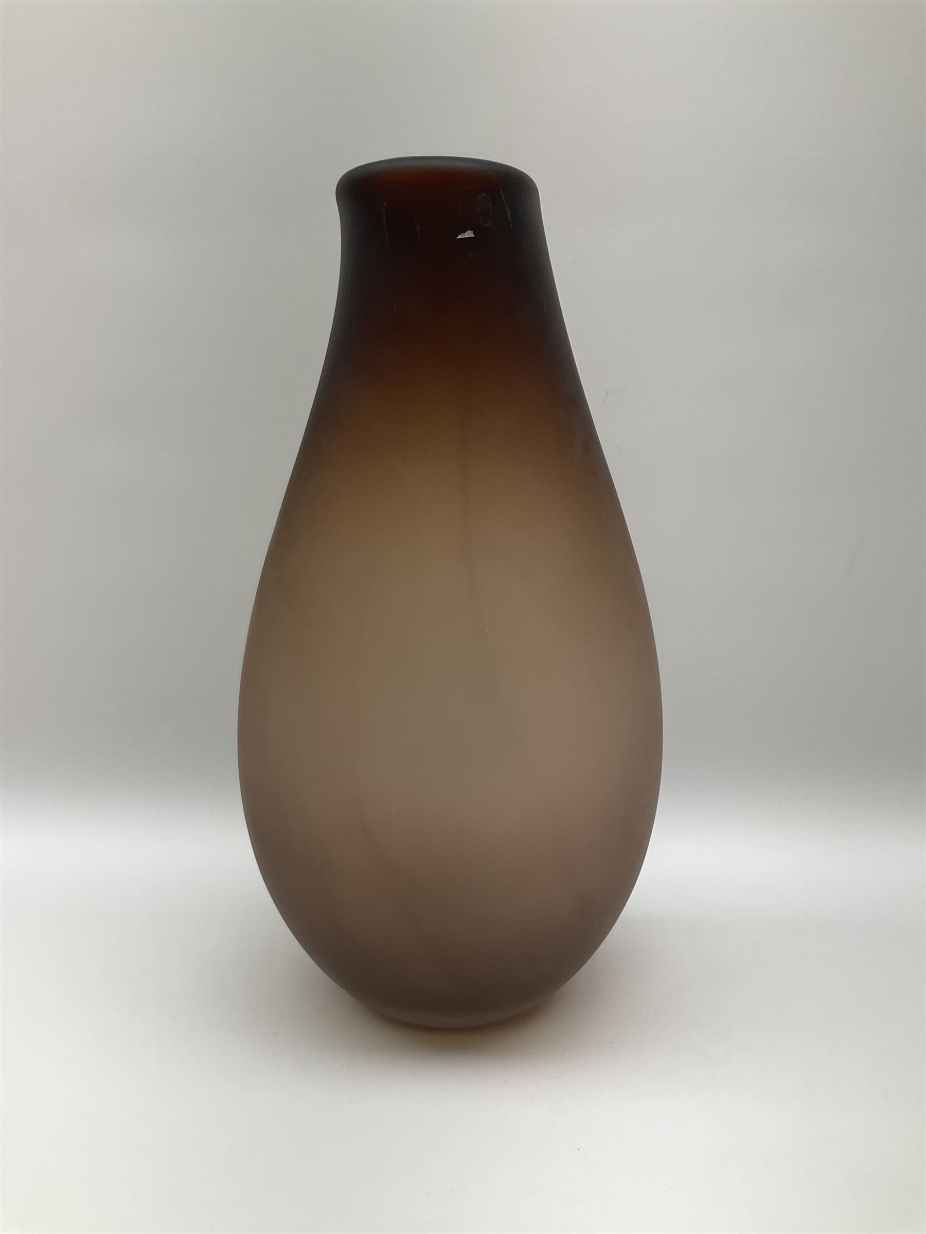 Two Dartington Studio Fossae Punched glass vases, in black and grape