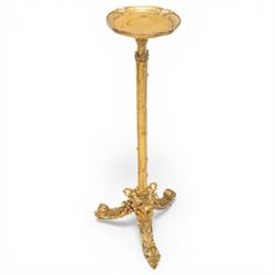 Louis XVI design giltwood torchère stand, the circular dish top with moulded rim above a n...