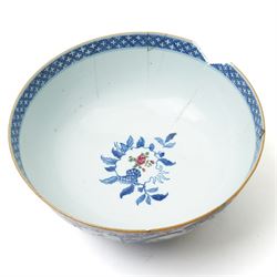 19th century Chinese famille rose punch bowl, decorated with panels of traditional scenes within blue decoration, D26cm 
