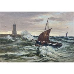 Sidney Valentine Gardner (Staithes Group 1869-1957): Coble Running for Shelter Whitby, oil on canvas board signed 24cm x 34cm