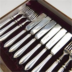 Mid 20th century silver canteen of Sandringham pattern cutlery for six place settings, comprising table spoons, table forks, silver handled table knives with stainless steel blades, dessert spoons, dessert forks, silver handled dessert knives with stainless steel blades, teaspoons, coffee spoons, silver handled fish knives and fish forks with silver blades, hallmarked Viner's Ltd, Sheffield 1955, contained in a wooden canteen with single drawer