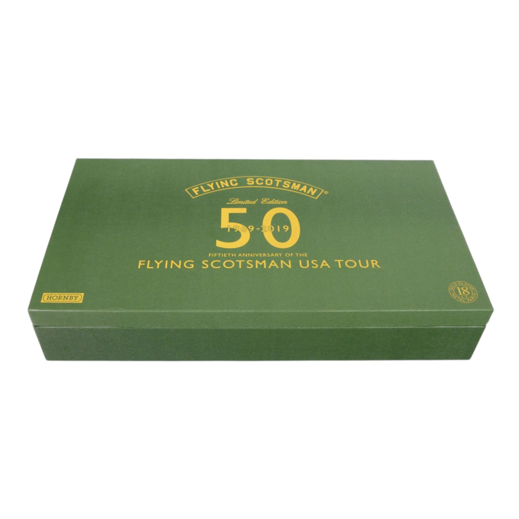 Limited edition Hornby '50th Anniversary of the Flying Scotsman USA Tour' train pack, comprising the locomotive and coal tender, missing the water tender, in LNER Apple Green livery, the running gear, tyres and handrails 18ct gold plated, limited edition no. 153/1000, in presentation box with certificate of authenticity