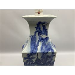 19th century Oriental blue and white table lamp of square form, depicting mounting scenes with mock foo dog handles, H50cm