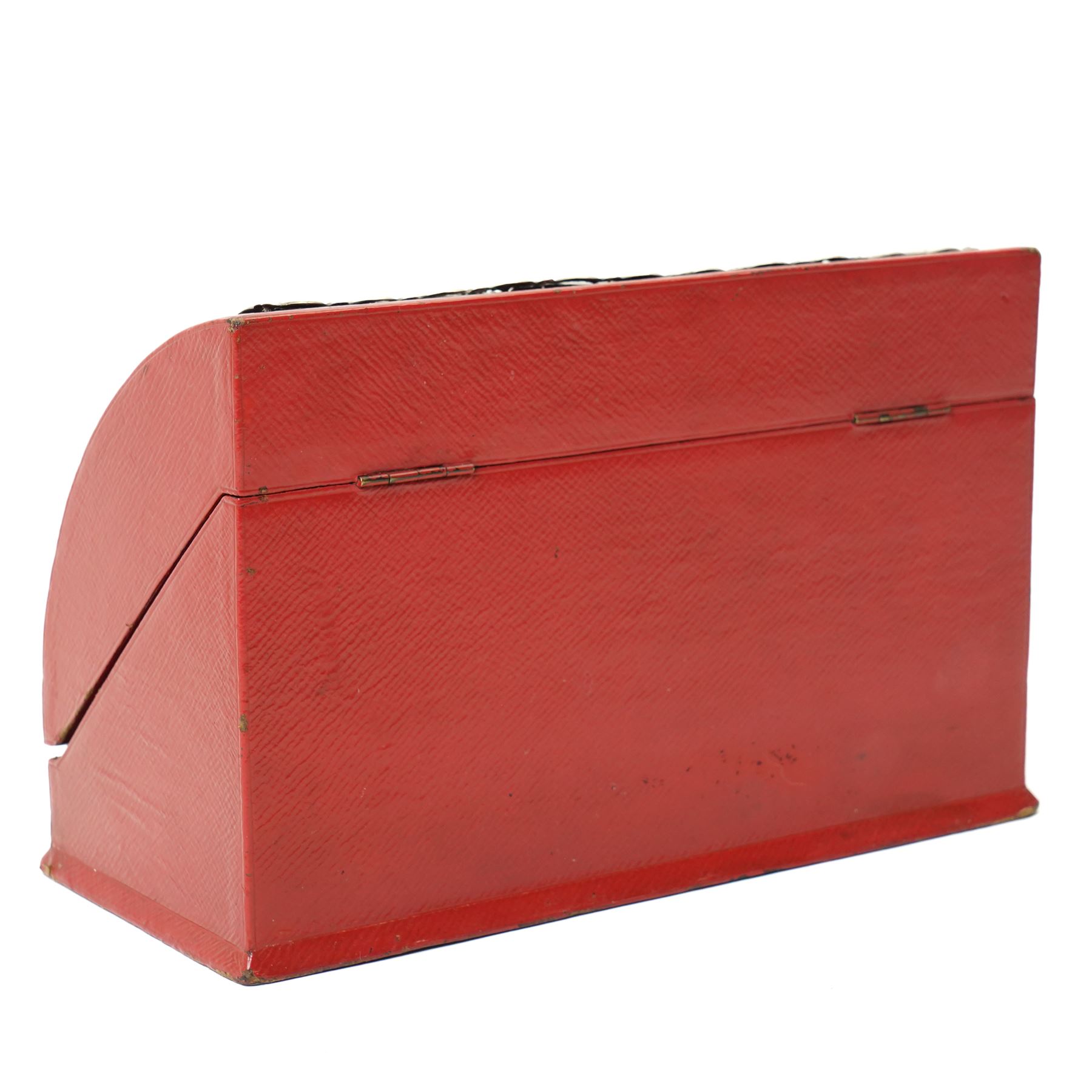 Late Victorian red leather stationery casket with divided watered silk interior, the hinged front with repousse silver mounts H19cm x W30cm London 1889 Maker William Comyns