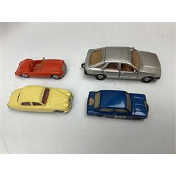 Corgi - thirty unboxed and playworn/repainted die-cast cars including Triumph Herald Coupe, BMC Mini-Cooper 'S', Porsche Carrera, two 'E' Type Jaguars, Rover 2000TC, three Morris Minors, two Aston Martin DB4, two Volvo P1800, MGA, Fiat 2100, Jaguar 2.4 Litre, Jaguar Mark X Saloon etc (30)