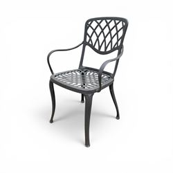 Circular cast aluminium garden table and pair of armchairs chairs with lattice backs in a dark grey finish