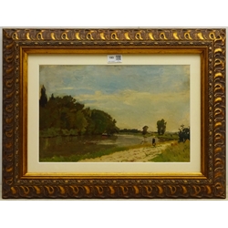 Edmond Marie Petit Jean (French 1844-1925): River Landscape, oil on board, artist's studio stamp verso 25cm x 39cm