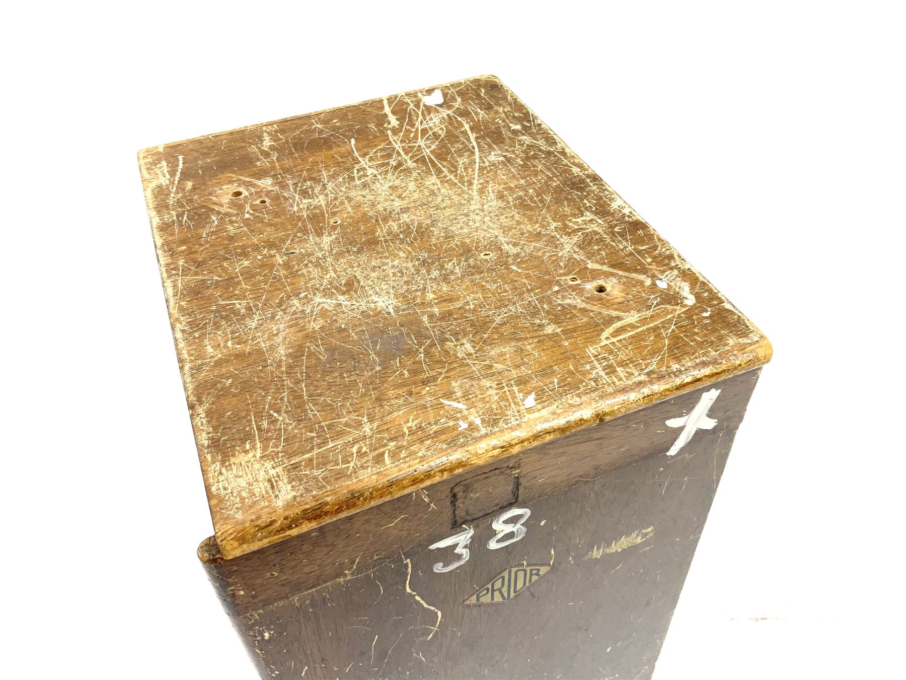 Black finished monocular microscope by Prior London No. 17372,  with pitchfork base and rack and pinion focusing, in original fitted wooden case with additional lenses, H32cm, together with Watts dumpy level, no. 116249, in a leather case