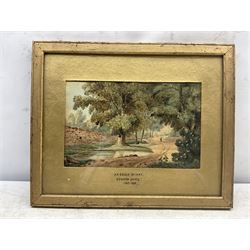 Attrib. Edward Dayes (British 1763-1804): 'An Essex Byway', watercolour titled and attributed on the mount 17cm x 27cm; After Georges Redon (French 1869-1943): 'Ne Buvez Jamais D'eau' - 'Never Drink Water', lithograph from the 'Naughty Children' series 44cm x 31cm; together with a Louis Wain print 12cm x 20cm (3)