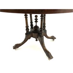 Victorian inlaid walnut oval loo table, folding snap top (no pins)