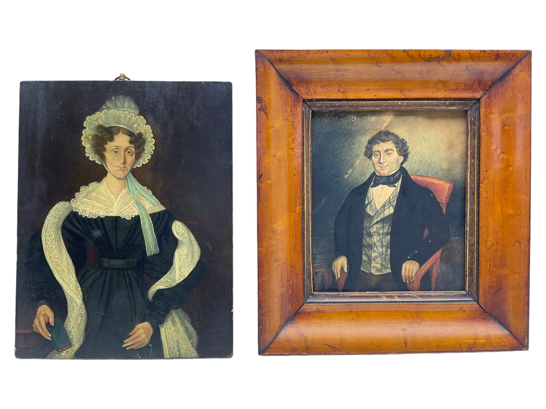 English School (19th century): Portrait of an Aristocratic Lady, oil on panel unsigned 23cm x 18cm; Portrait of a Gentleman, watercolour by another hand unsigned 15cm x 13cm in bird's eye maple frame (2)