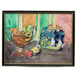 Sonia Naviasky (British 20th/21st century): Still Life of Fruit and Mudmen, watercolour signed 37cm x 50cm