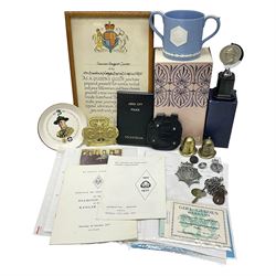 Bradford City Police pre-1974 helmet plate, buttons and Police Box key with finders fob; post-1974 West Yorkshire Police cap badge; Leeds City Police Pockebook with Bradford Notebook; quantity of Girl Guide Memorabilia including boxed Wedgwood limited edition jasperware 1970 Diamond Jubilee loving cup; brass banner pole finial; various metal, silver and enamel badges and paperwork etc 1950s - 1980s all relating to Maureen Margaret Jowett (AKA Jewitt)