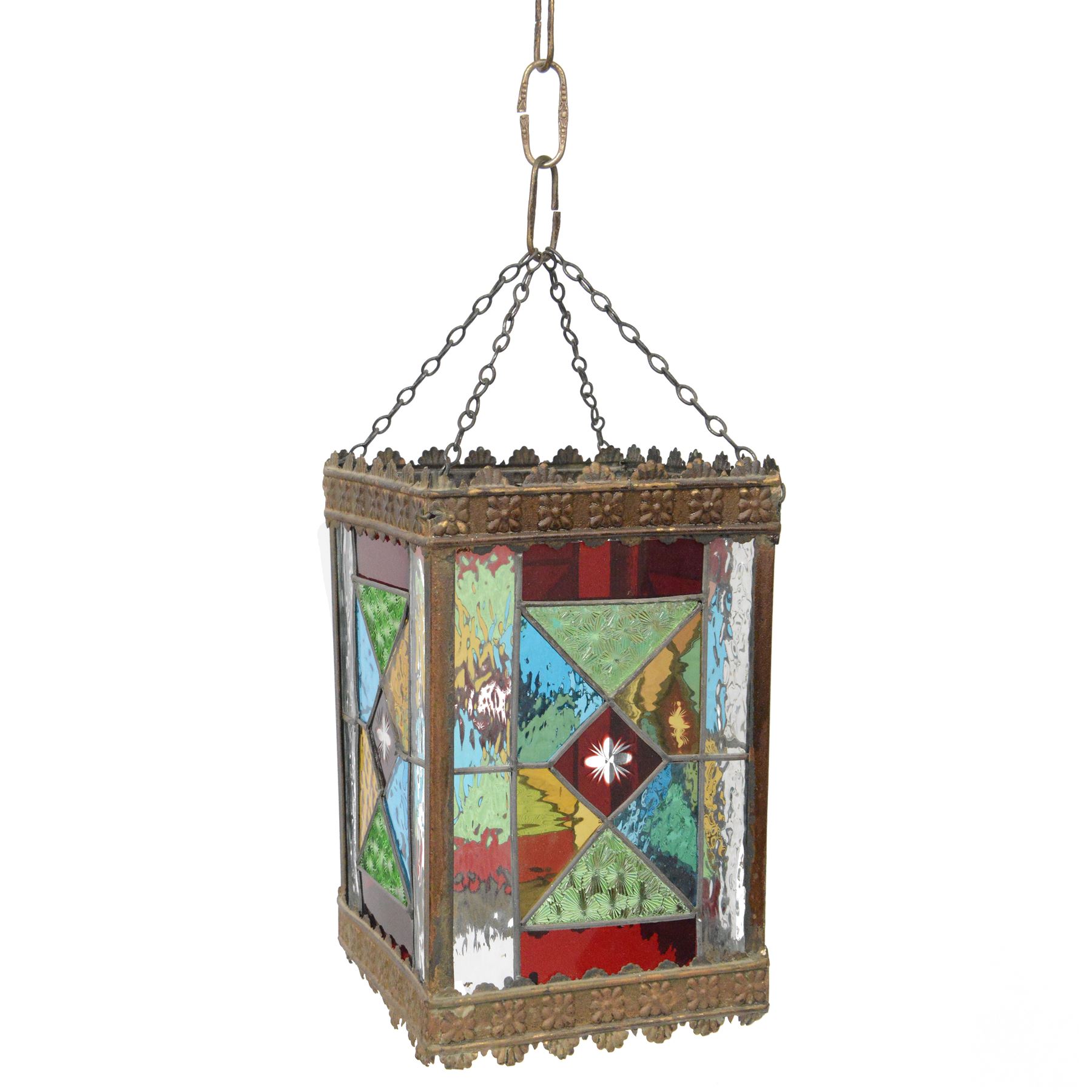 Edwardian metal framed hanging hall lantern, of rectangular form, with leaded stained and clear glass panels, H28cm