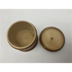 1930s pokerwork string dispenser, with tricoloured abstract decoration and 'Here's the String' to cover, H8cm