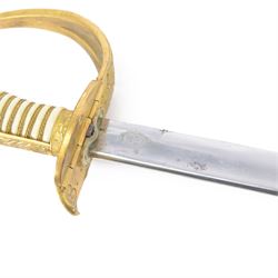 WWII German Kriegsmarine naval officers sword, the 79cm single edged blade marked Carl Eickhorn Solingen, brass hilt with anchor to folding guard, lion mask pommel, wirebound cream plastic ivorine grip, with leather scabbard with brass-mounted and single suspension ring, sword and scabbard marked 0.1735, overall L96cm  
