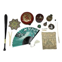 Lacquered Chinese circular domed box decorated with a dragon and phoenix chasing the flaming pearl, Chinese circular circular box containing table coasters, needlework sampler worked with the tree of life, mother of Pearl fruit knife with silver blade (A/F), quantity of bone to include hair clip and knife, malachite turtle on stand etc