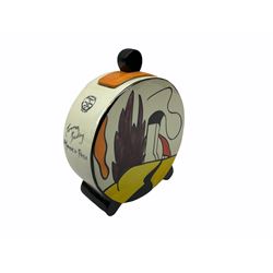 Lorna Bailey Old Ellgreave Pottery, comprising teapot in beach design, circular jar in house and path design, shell jug in Bridge and stream design, squat jug in Pagoda design and plate decorated with an Art Deco woman, all with printed and painted marks. 