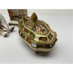 Royal Crown Derby Haiku pattern miniature clock, together with 1128 Imari pattern trinket box with cover and teddy bear figure, all with printed marks beneath   