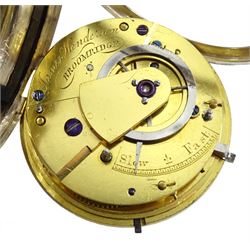 George IV silver open face verge fusee pocket watch by James Henderson, Broomridge, round pillars, balance cock with diamond endstone, stop/work lever, white enamel dial with Roman numerals and subsidiary seconds dial, case by Benjamin Norton, London 1824