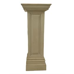 White painted pine pedestal plinth, the square moulded top over panelled rectangular body, stepped and moulded plinth base