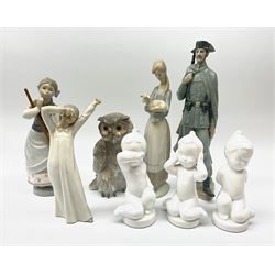 Collection of Lladro figures, comprising of Spanish Policeman model No. 4889, Girl with Lamb model No.4505, A Clean Sweep, model No.5025, along side two Nao figures, three Stockholm figures, Ikke Hore, Ikke Vide and Ikke Se. 