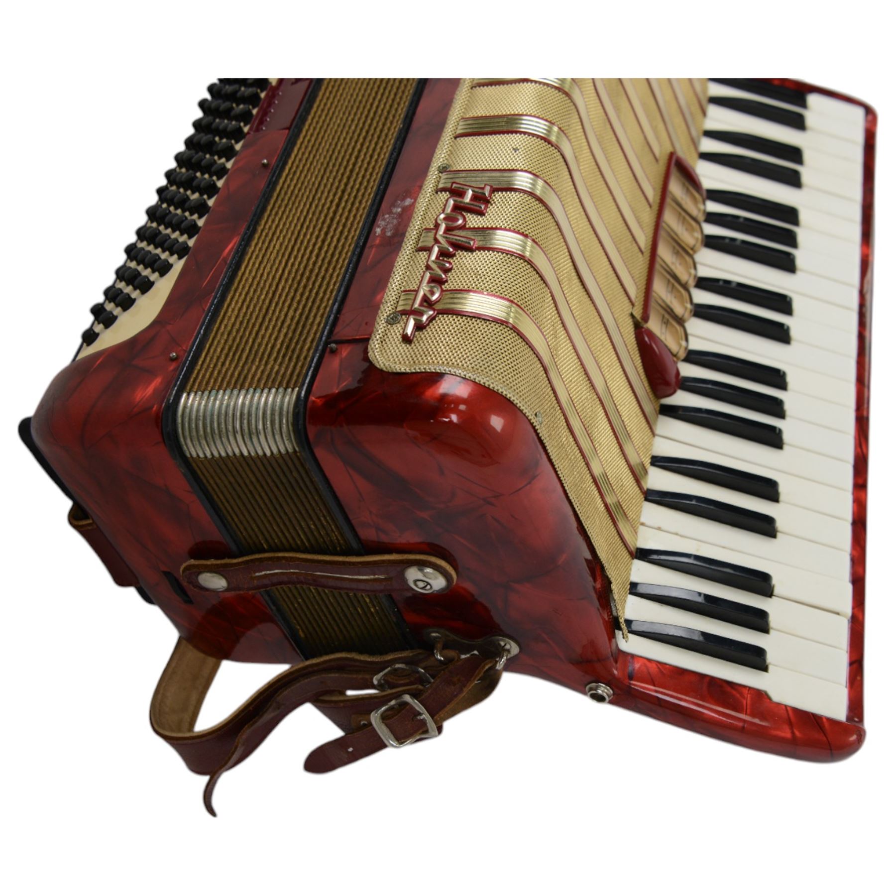Hohner Chromatic accordion, three octave keyboard with 120 buttons and 16 fold bellows. With carrying case.