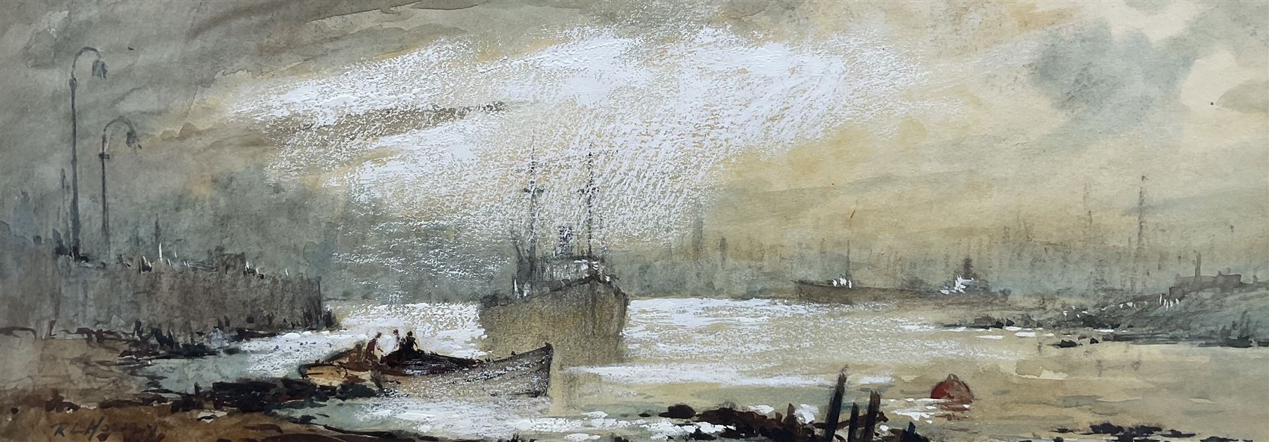 Robert Leslie Howey (British 1900-1981): Shipping in the Estuary, watercolour heightened with white signed 12cm x 33cm 