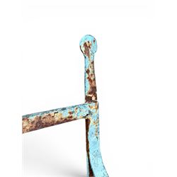 Regency period wrought iron strapwork garden bench, cresting rail with central Scottish thistle motif and flanking pediments, in distressed blue painted finish