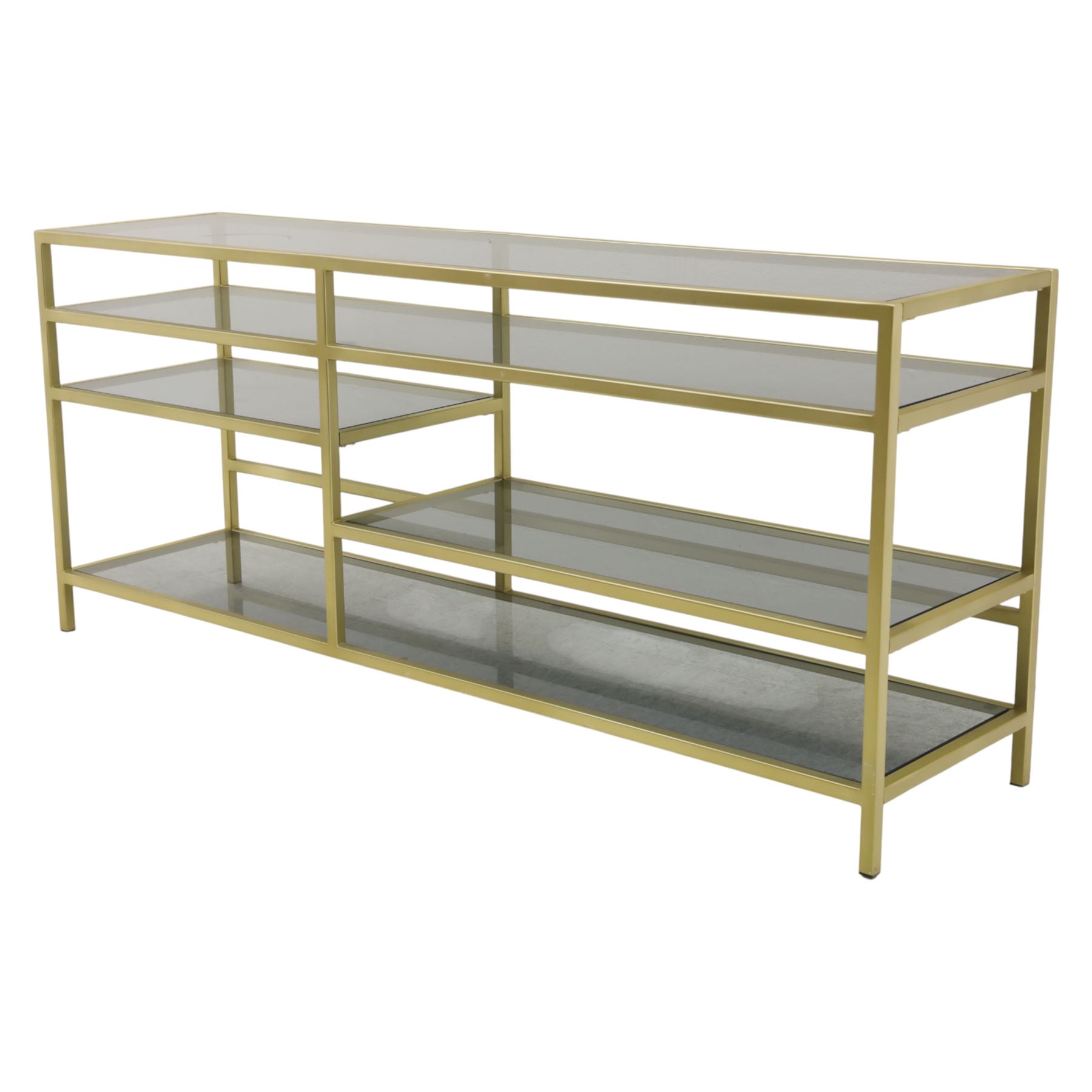Modern glass and gilt metal media stand, rectangular smoked glass top panel set within a gilt finished metal surround, raised on square section legs, the underside fitted with a full-width glass shelf