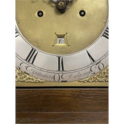 Jeremiah Henderson of Scarborough - 8-day longcase clock in an Elm case c1765,  with a flat top and broad cornice, square hood door flanked by two plain turned pilasters with gesso capitals, long trunk with a conforming door and break arch top, square brass dial with a matted centre, cast spandrels and ringed winding holes, silvered chapter ring with Roman numerals, five minute Arabic's, minute track and finely pierced matching steel hands, dial pinned to a rack striking movement with an anchor escapement. With weights and pendulum. Jeremiah Henderson was the son of Robert Henderson, the first recorded clockmaker in Scarborough. 