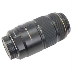 Two Canon Ultrasonic lenses, comprising EF 75-300mm 1:4-5.6 IS zoom lens serial no. 03201196 and EF 20mm 1:2.8 lens serial no. 5100131C, with a Canon EW-75II lens hood