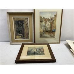 Marjorie Holland (British early 20th century): 'Interior of an Old Barn - Little Norton', watercolour signed, titled verso 30cm x 20cm; English School (early 20th century): Street Scene, watercolour unsigned 36cm x 23cm; Continental School (19th/20th century): 19th Century Market Scene, watercolour signed with initials JMC 17cm x 19cm (3)