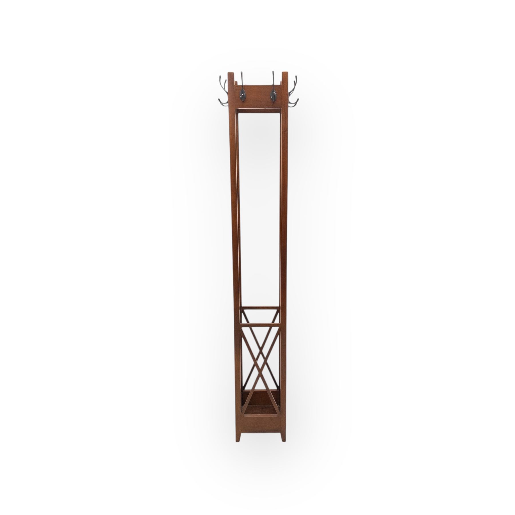 Contemporary mahogany coat and hat stand, tall rectangular form with eight hooks and decorative X-form lower supports