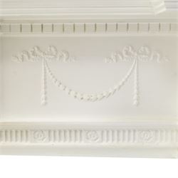 Large Adam's design white painted Neoclassical fire surround, the frieze moulded with goddess and cherubic motifs with bellflower festoons, egg-and-dart moulded inner slip flanked by Ionic capitals on classical columns