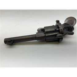 19th century Belgian Flobert 7mm pin-fire revolver with six-shot cylinder, 7cm octagonal to round barrel, folding trigger and walnut stock incorporating ejector rod in butt L18cm overall