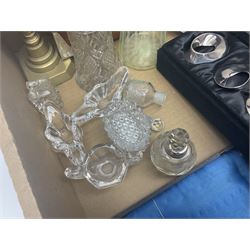 Uranium green glass vase, together with cranberry glass jug, glass dish with silver plate rim, glass cruet set etc, in two boxes 