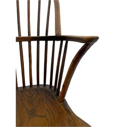 19th century elm, beech and yew wood stick back Windsor armchair, turned supports with crinoline stretcher