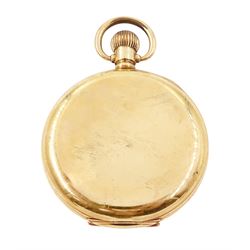 Early 20th century gold-plated open face Admiralty keyless Swiss lever pocket watch by Northern Goldsmiths Co, Newcastle, white enamel dial with Roman numeral hour markers and subsidiary seconds dial, case by Dennison